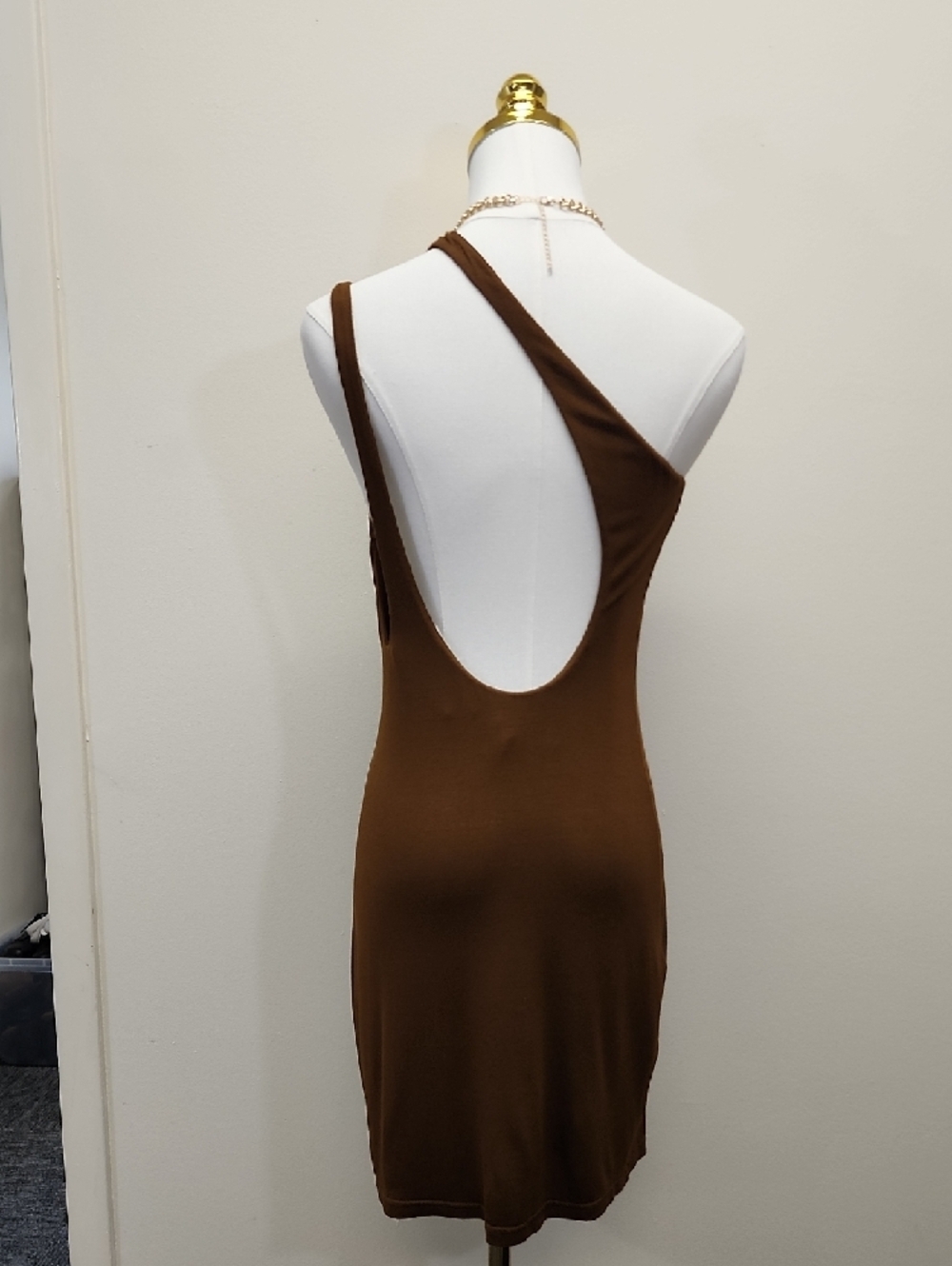Boskemper One Shoulder Brown Bodycon Dress Stretch Minimal Size Medium — image 4 of 8
